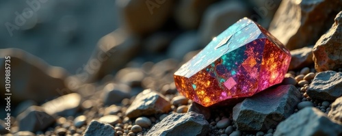 Large lodestone crystal in a rocky outcropping, earthy tones, minerals