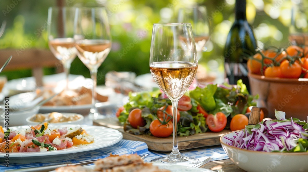 a table topped with plates of food and glasses of wine next to a bowl of salad and a glass of wine on top of a table. a table topped with plates of food and glasses of wine next to a bowl of salad and a glass of wine on top of a table.