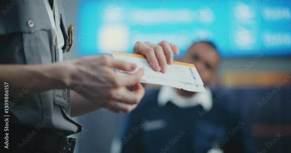Airport Staff Briefing: Close Up of Security Officer Holding Boarding Pass, Providing Instruction, Explaining Procedures and Specific Details to Workers. Work at Transportation Security Administration