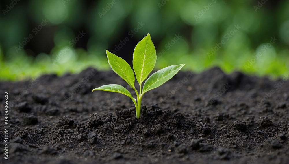 Fototapeta premium Resilient Young Green Plant Emerging from Black Soil: Nature's Tenacity on Display