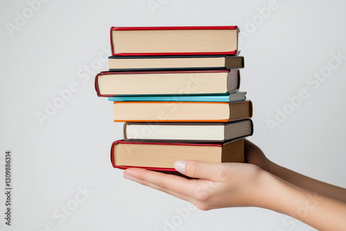 Female hands holding a stack of books on a white background,