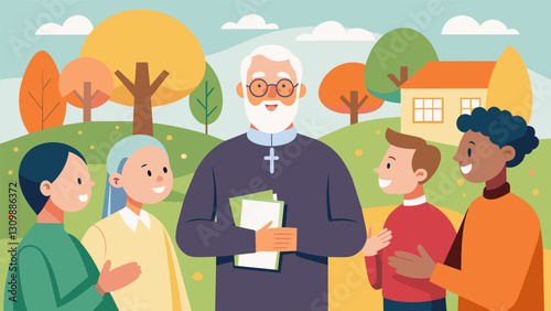 In an upscale retirement community the pastor visits with a group of elderly parishioners engaging in lively discussions about faith and life.. Vector illustration