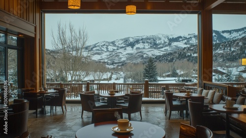 Winter mountain view cafe interior, panoramic windows, and coffee photo