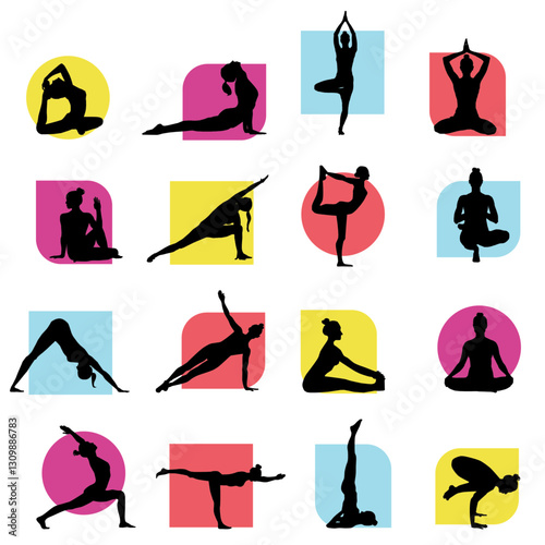 Yoga silhouettes with colorful background set - vector icons
