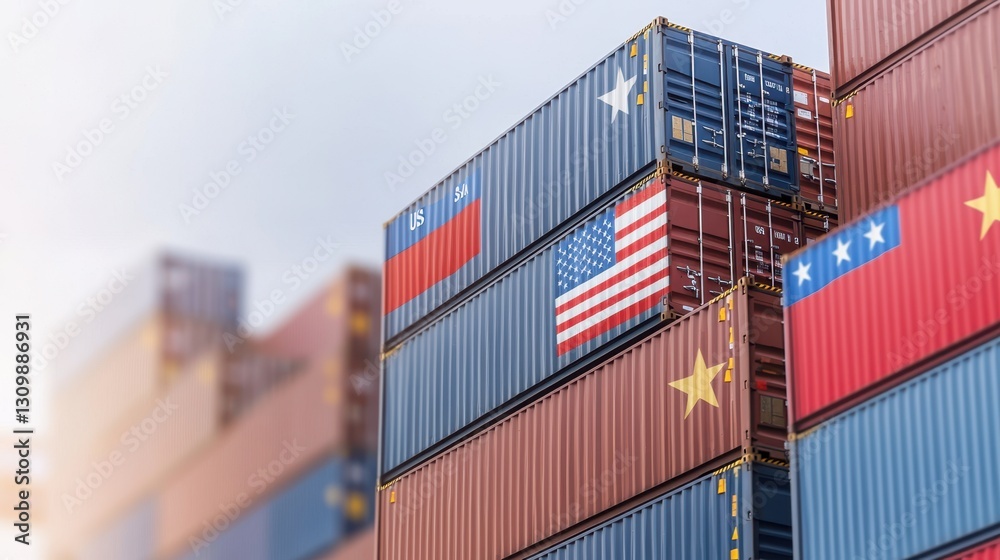 Fototapeta premium Economic Battle USA-China Trade War and Global Crisis, Shipping containers with international flags stacked together.