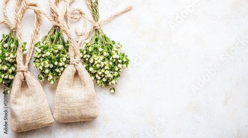 Wallpaper Mural Small burlap pouches with tiny white flowers on a light background.  Use floral display Torontodigital.ca