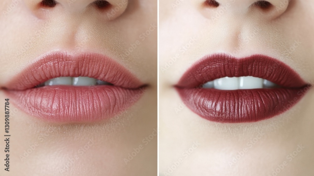 Obraz premium Woman Lips before and after Fillers. Full Lip and Thin Lip Augmentation. Women Mouth Permanent Make up Close up over White Background