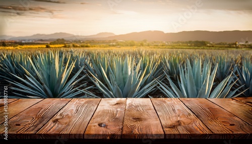 wooden rustic empty table for placing products against the background of a field with agave plants for the production of tequila