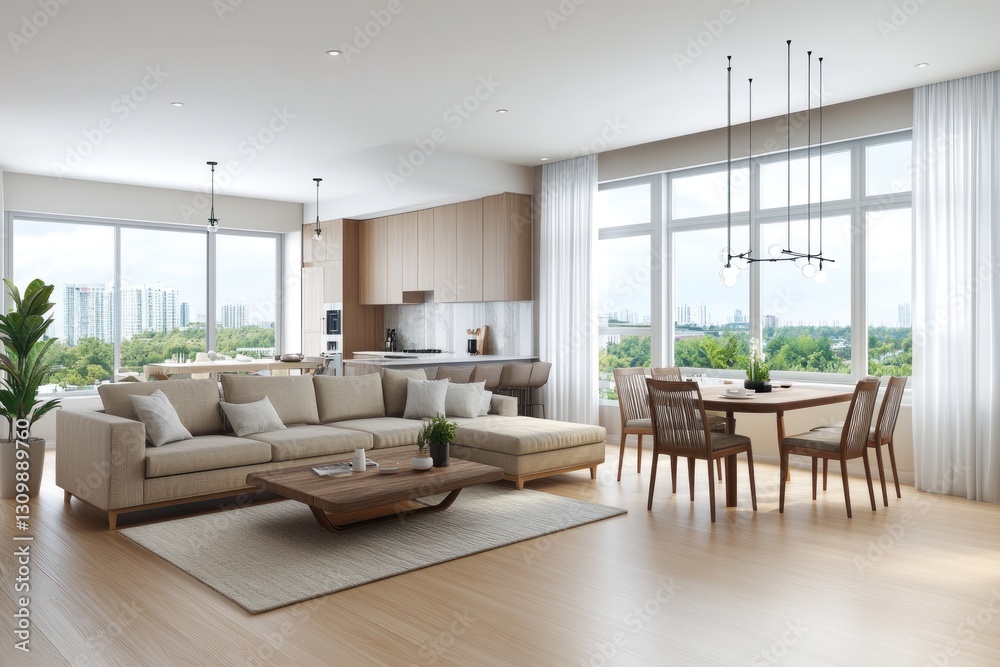 Naklejka premium Modern open-plan living area with city views, featuring a comfortable sectional sofa, dining table, and a fully equipped kitchen.