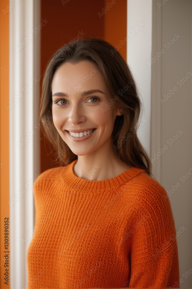 smiling woman in orange sweater looking at camera with orange wall smiling woman in orange sweater looking at camera with orange wall