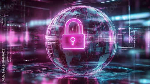 An illustration of a globe in cyberspace with neon blue and pink hues.