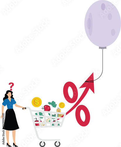 Goods Inflation, businesswoman analysis with Rising food price crisis, Prices of commodities and consumer goods rose due to rising inflation