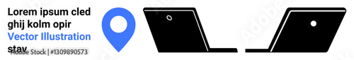 Two laptops placed opposite each other, a blue location pin, and surrounding text. Ideal for themes of communication, virtual meetings, distance learning, online collaboration, digital navigation