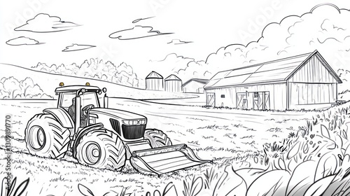 Farm Tractor Sketch Scene - Rural Landscape photo