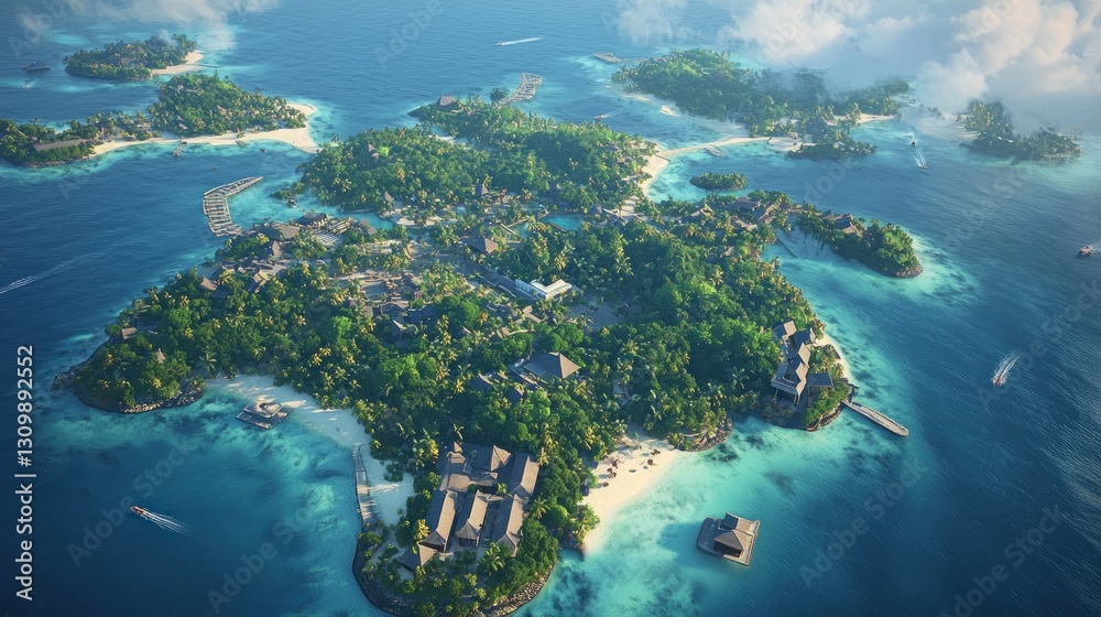 Naklejka premium Tropical island resort aerial view, lush vegetation, pristine beaches, boats in turquoise water