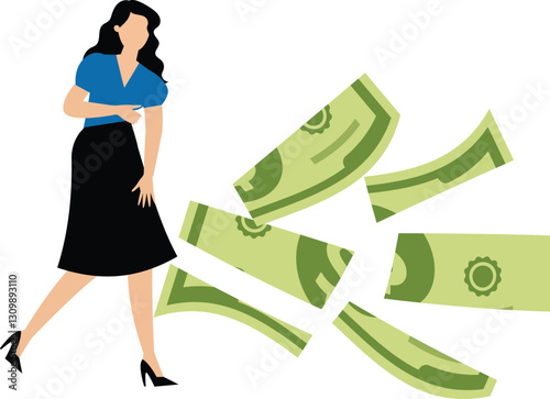 Lose money investment in financial crisis Businesswoman holding big doll, banknote money while loss, crumble and reduce in value. profit and loss in business or deflation and inflation
