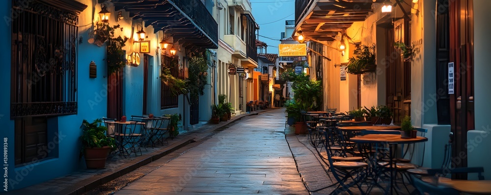 custom made wallpaper toronto digitalA charming street in Casco Viejo lit up at night, filled with cafes and historic architecture