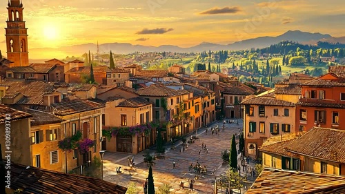 Captivating aerial vista of an Italian cityscape bathed in warm sunset light, Italy