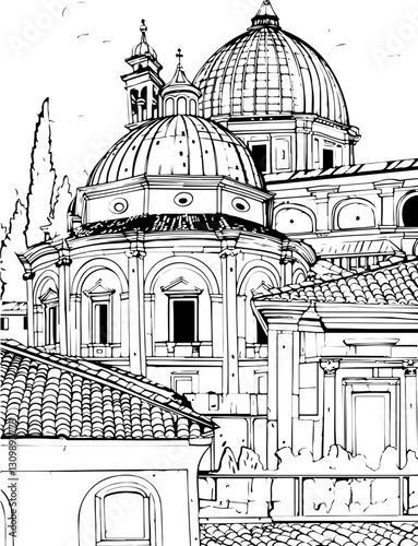 church, architecture, cathedral, building,  coloring page, drawing, city, europe, sketch, paris, gothic, travel, vector, illustration, old, florence, italy, art, tower, town, landmark, street, religio