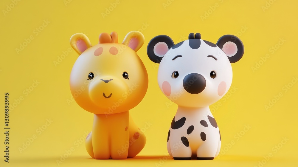 Two cute smiling cartoon animal figurines sitting against a yellow background Two cute smiling cartoon animal figurines sitting against a yellow background