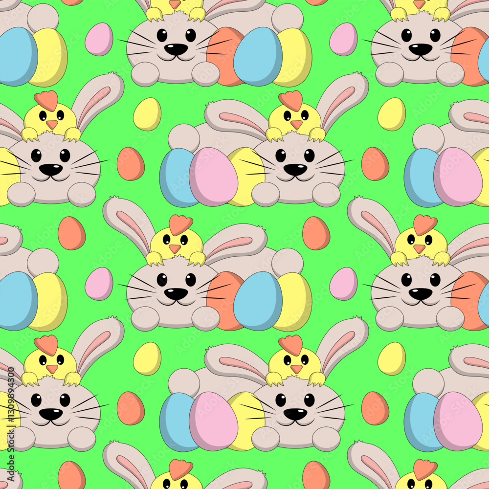Obraz premium Seamless pattern with Cute Easter Rabbit and Chicken with egg