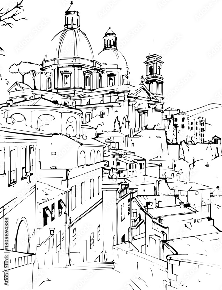 church, architecture, cathedral, building,  coloring page, drawing, city, europe, sketch, paris, gothic, travel, vector, illustration, old, florence, italy, art, tower, town, landmark, street, religio