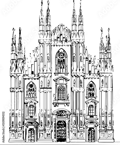 church, architecture, cathedral, building,  coloring page, drawing, city, europe, sketch, paris, gothic, travel, vector, illustration, old, florence, italy, art, tower, town, landmark, street, religio