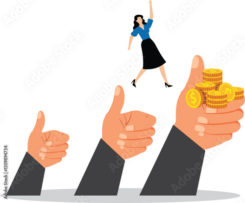 Leader hand helping supporters,businesswoman jumping up giant hand growth ladder to progress target. giant hands supporting bridge at abyss, Partnership support