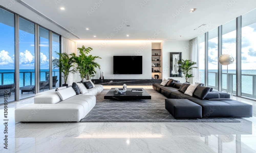 Fototapeta premium Modern luxury beachfront living room with panoramic ocean views.
