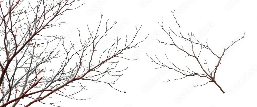 Fototapeta premium Intricate bare branches isolated against a pure white backdrop, black and white, natural