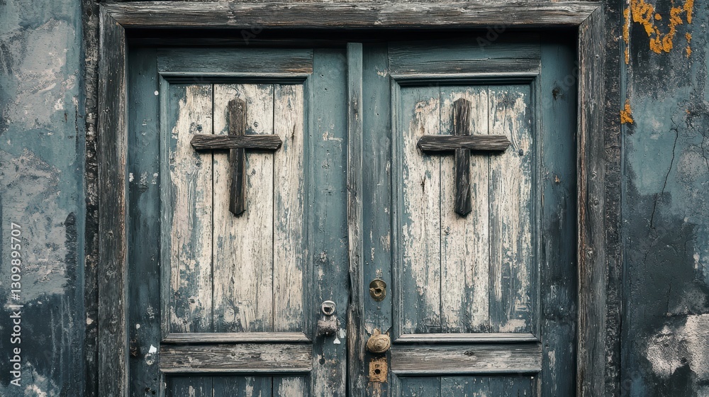 Weathered church doors with crosses Weathered church doors with crosses