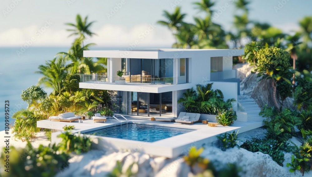 Fototapeta premium Modern luxury beachfront villa with pool on tropical island.