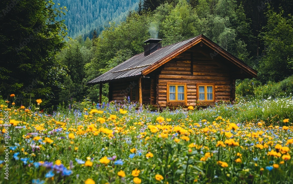 Fototapeta premium Cozy Wooden Cabin Surrounded By Blooming Flowers