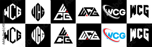 WCG letter logo design in six style. WCG polygon, circle, triangle, hexagon, flat and simple style with black and white color variation letter logo set in one artboard. WCG minimalist and classic logo