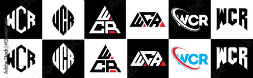 WCR letter logo design in six style. WCR polygon, circle, triangle, hexagon, flat and simple style with black and white color variation letter logo set in one artboard. WCR minimalist and classic logo