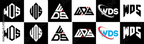 WDS letter logo design in six style. WDS polygon, circle, triangle, hexagon, flat and simple style with black and white color variation letter logo set in one artboard. WDS minimalist and classic logo