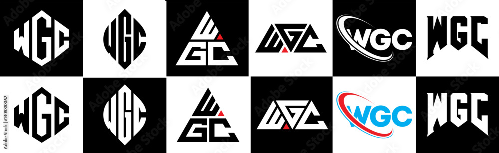 Obraz premium WGC letter logo design in six style. WGC polygon, circle, triangle, hexagon, flat and simple style with black and white color variation letter logo set in one artboard. WGC minimalist and classic logo