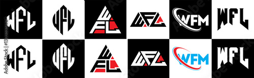 WFL letter logo design in six style. WFL polygon, circle, triangle, hexagon, flat and simple style with black and white color variation letter logo set in one artboard. WFL minimalist and classic logo
