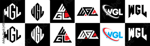 WGL letter logo design in six style. WGL polygon, circle, triangle, hexagon, flat and simple style with black and white color variation letter logo set in one artboard. WGL minimalist and classic logo