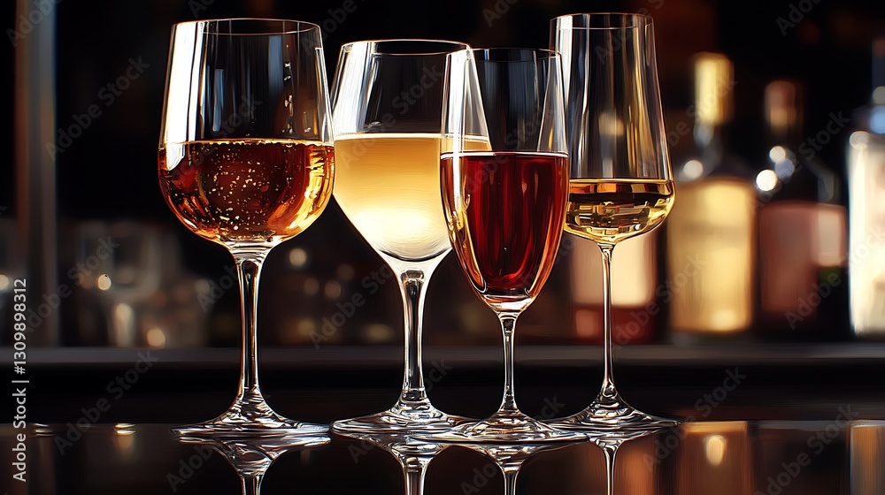 Four wine glasses, various colors, bar, blurred bottles background, restaurant Four wine glasses, various colors, bar, blurred bottles background, restaurant