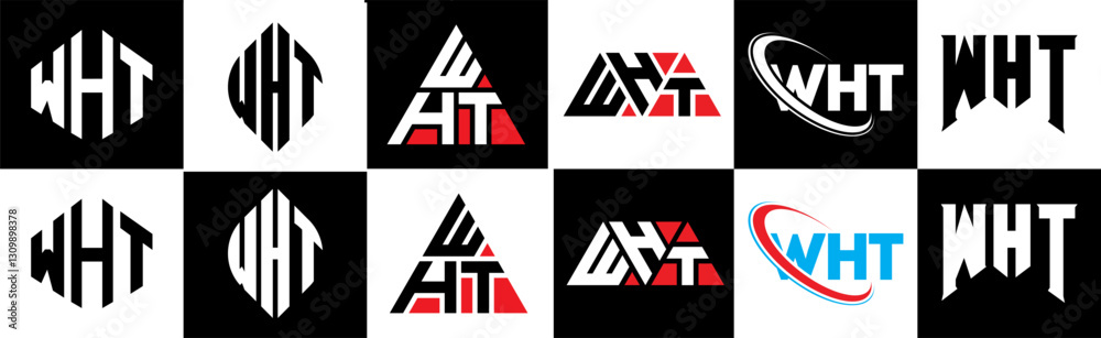 WHT letter logo design in six style. WHT polygon, circle, triangle, hexagon, flat and simple style with black and white color variation letter logo set in one artboard. WHT minimalist and classic logo WHT letter logo design in six style. WHT polygon, circle, triangle, hexagon, flat and simple style with black and white color variation letter logo set in one artboard. WHT minimalist and classic logo