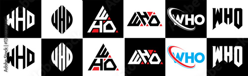 WHO letter logo design in six style. WHO polygon, circle, triangle, hexagon, flat and simple style with black and white color variation letter logo set in one artboard. WHO minimalist and classic logo