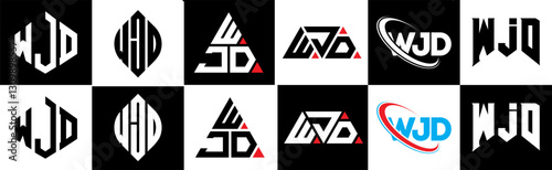 WJD letter logo design in six style. WJD polygon, circle, triangle, hexagon, flat and simple style with black and white color variation letter logo set in one artboard. WJD minimalist and classic logo