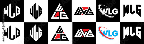 WLG letter logo design in six style. WLG polygon, circle, triangle, hexagon, flat and simple style with black and white color variation letter logo set in one artboard. WLG minimalist and classic logo