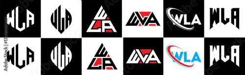 WLA letter logo design in six style. WLA polygon, circle, triangle, hexagon, flat and simple style with black and white color variation letter logo set in one artboard. WLA minimalist and classic logo