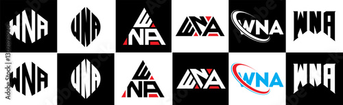 WNA letter logo design in six style. WNA polygon, circle, triangle, hexagon, flat and simple style with black and white color variation letter logo set in one artboard. WNA minimalist and classic logo