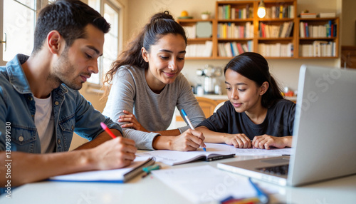 Parents helping children with homework in a warm study room with scattered notebooks and a laptop, international day of families