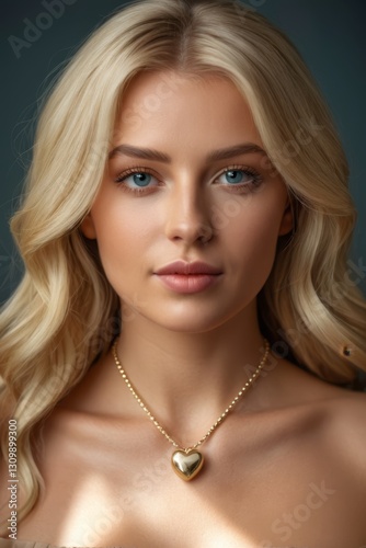 blond woman with long hair wearing a gold heart necklace