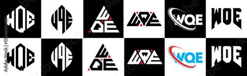 WQE letter logo design in six style. WQE polygon, circle, triangle, hexagon, flat and simple style with black and white color variation letter logo set in one artboard. WQE minimalist and classic logo