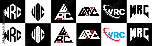 WRC letter logo design in six style. WRC polygon, circle, triangle, hexagon, flat and simple style with black and white color variation letter logo set in one artboard. WRC minimalist and classic logo